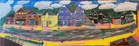 A painting of a street with houses